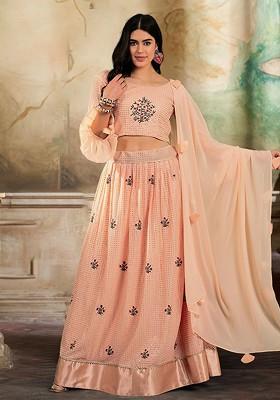 Peach Sequin Embroidered Lehenga Set With Blouse And Dupatta
