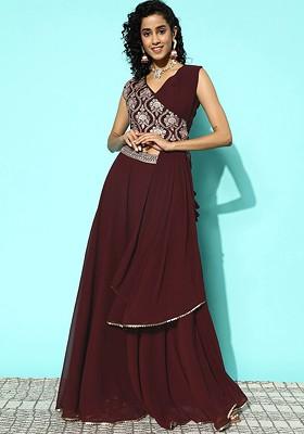 Brown Embroidered Georgette Lehenga Set With Attached Dupatta