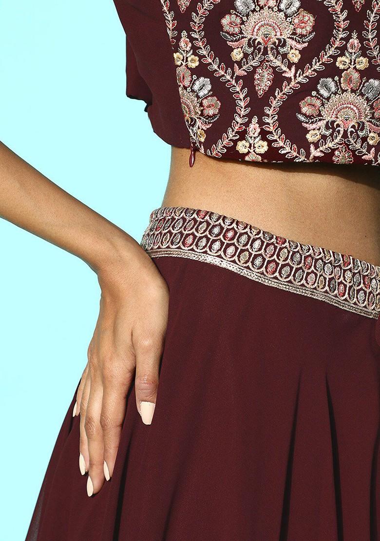 Brown Embroidered Georgette Lehenga Set With Attached Dupatta - Indya