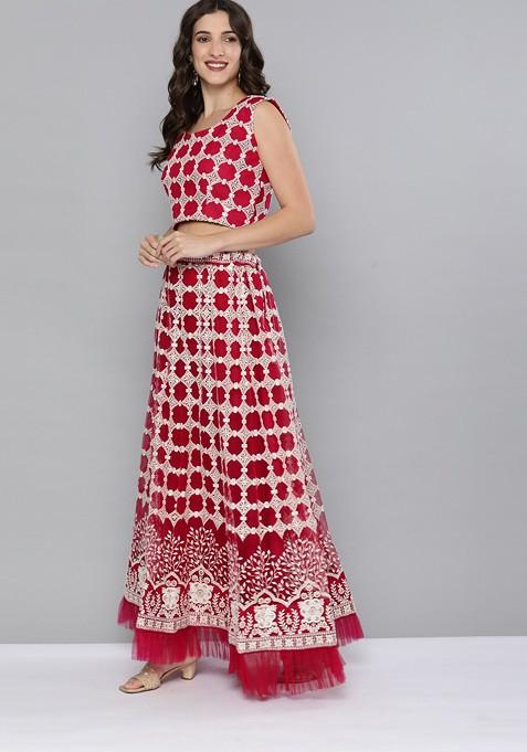 Pink And White Thread Work Lehenga Set With Dupatta
