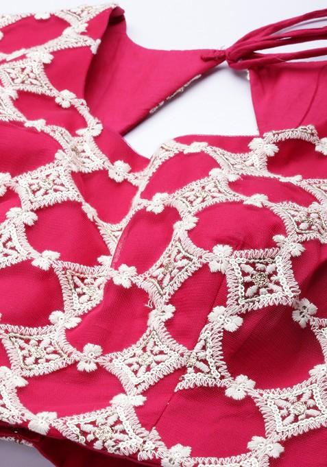 Pink And White Thread Work Lehenga Set With Dupatta