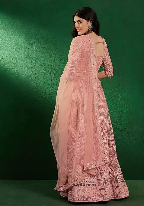 Peach Sequin Embroidered Net Lehenga Set With Dupatta
