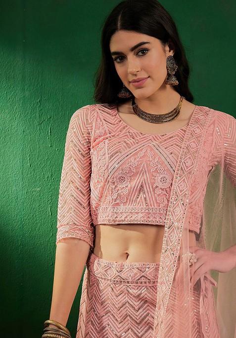 Peach Sequin Embroidered Net Lehenga Set With Dupatta