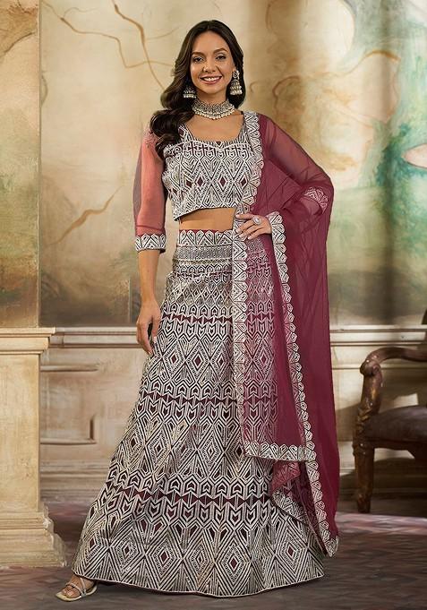 Orange Sequin Embroidered Lehenga Set With Dupatta