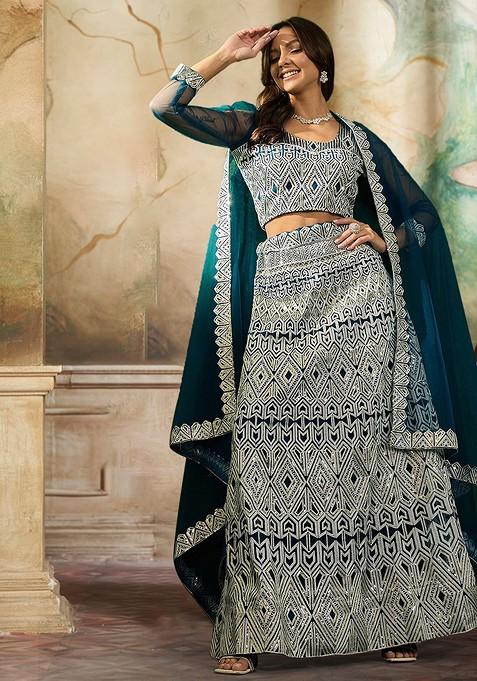 Green Sequin Embroidered Lehenga Set With Dupatta