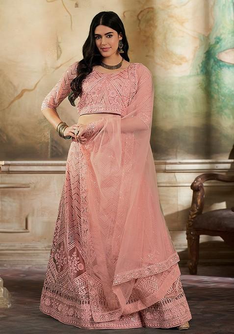 Peach Sequin Embroidered Lehenga Set With Dupatta