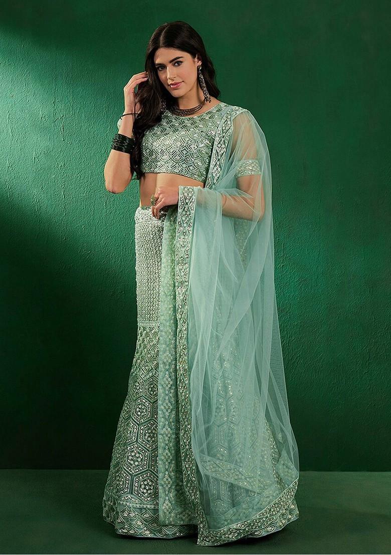 Green Sequin Embroidered Net Lehenga Set With Dupatta