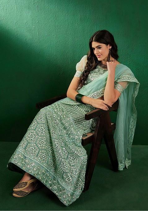 Green Sequin Embroidered Net Lehenga Set With Dupatta