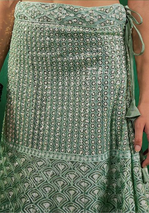 Green Sequin Embroidered Net Lehenga Set With Dupatta