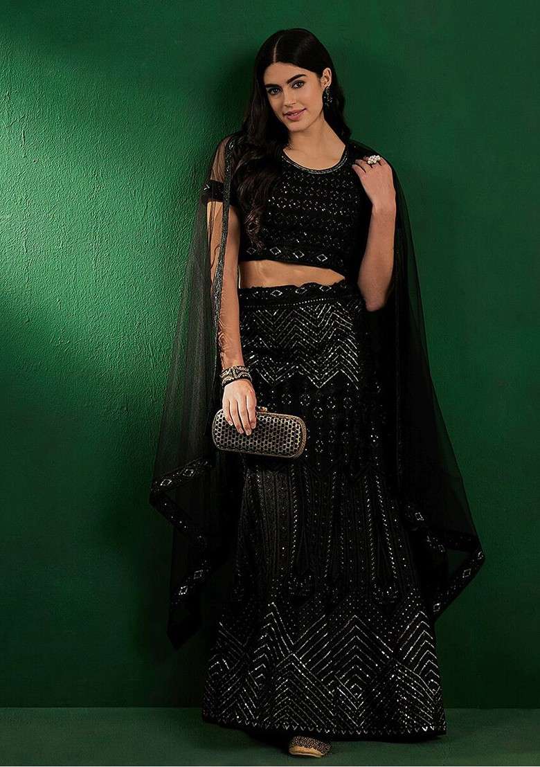 Black Sequin Embroidered Lehenga Set With Dupatta - Indya