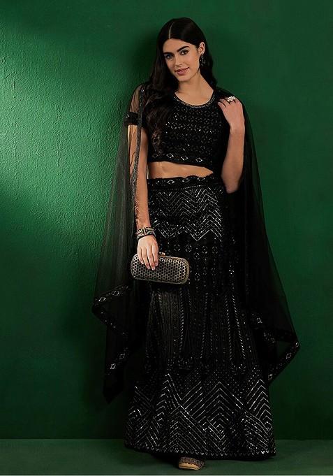 Black Sequin Embroidered Lehenga Set With Dupatta