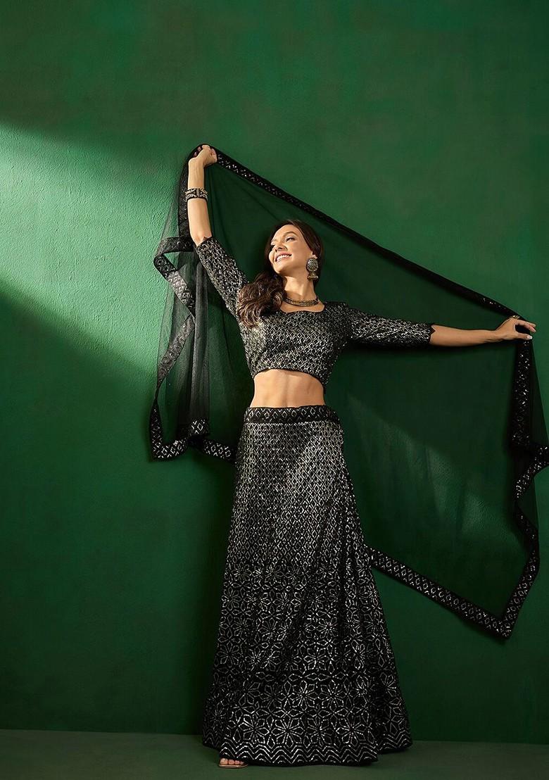 Black Sequin Embroidered Lehenga With Blouse And Dupatta