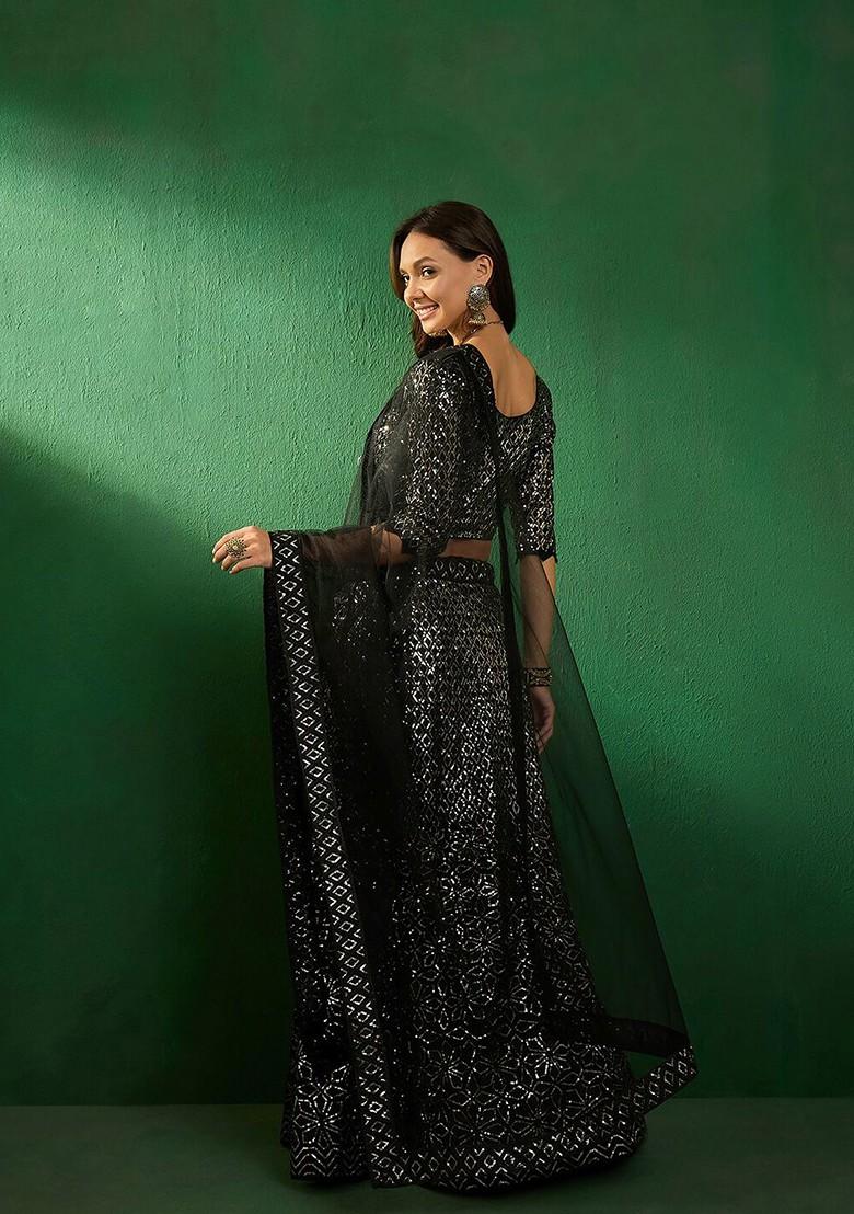 Black Sequin Embroidered Lehenga With Blouse And Dupatta