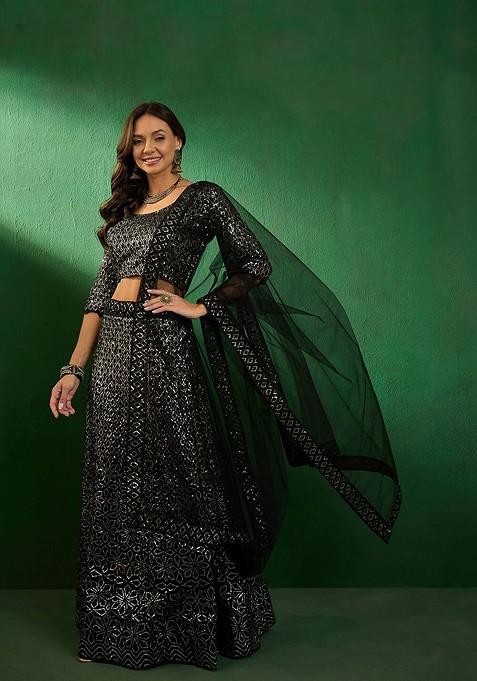 Black Sequin Embroidered Lehenga With Blouse And Dupatta