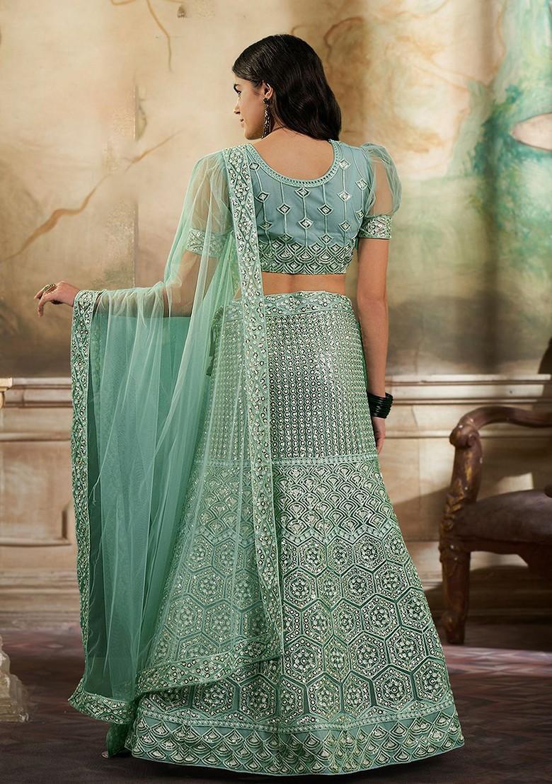 Green Sequin Embroidered Lehenga Set With Dupatta - Indya