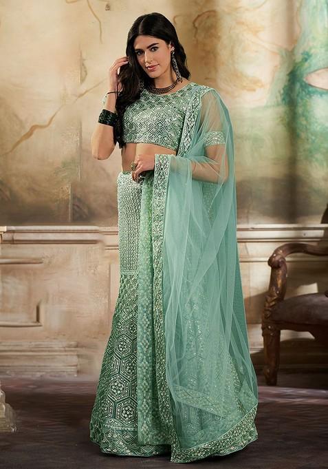 Green Sequin Embroidered Lehenga Set With Dupatta