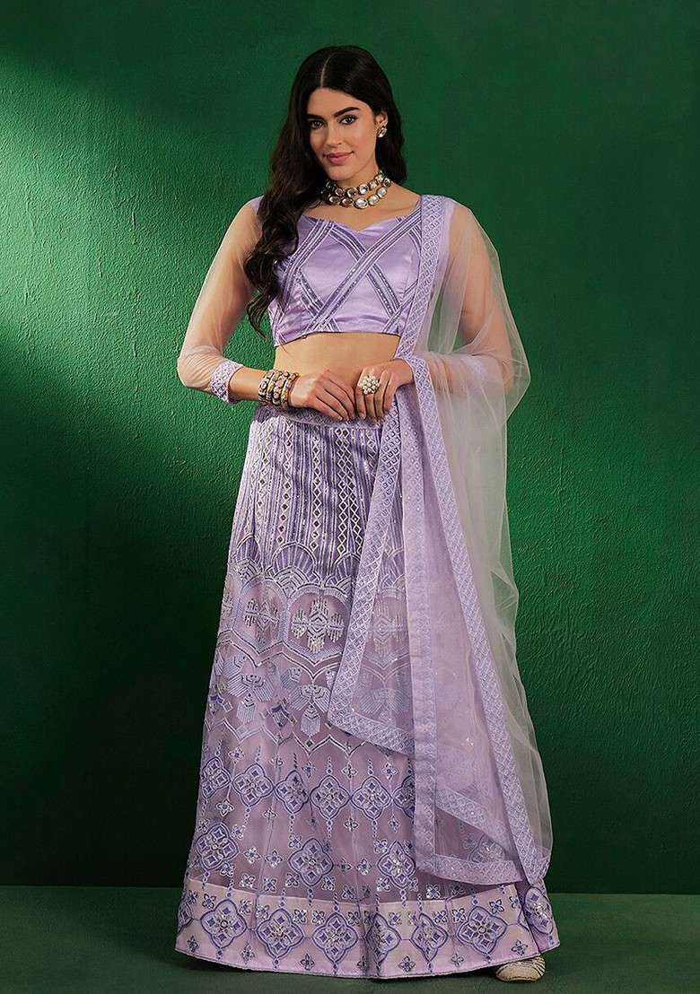 Purple Ethnic Motifs Sequin Embroidered Net Lehenga Set - Indya