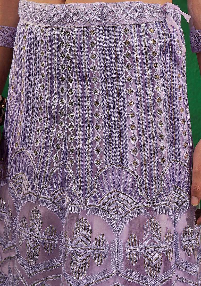 Purple Ethnic Motifs Sequin Embroidered Net Lehenga Set - Indya