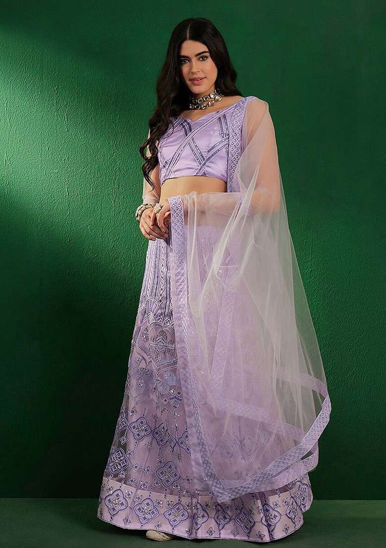 Purple Ethnic Motifs Sequin Embroidered Net Lehenga Set - Indya