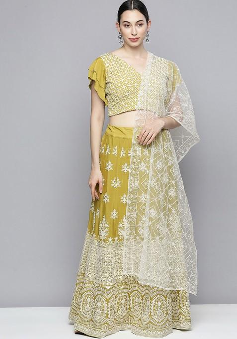 Mustard Sequin Embroidered Lehenga Set With Dupatta