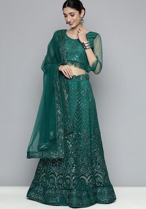 Grey Sequin Embroidered Lehenga Set With Dupatta