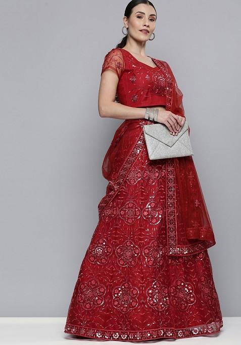 Maroon Embroidered Lehenga With Blouse And Dupatta