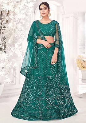 Green Embroidered Net Lehenga Set With Dupatta
