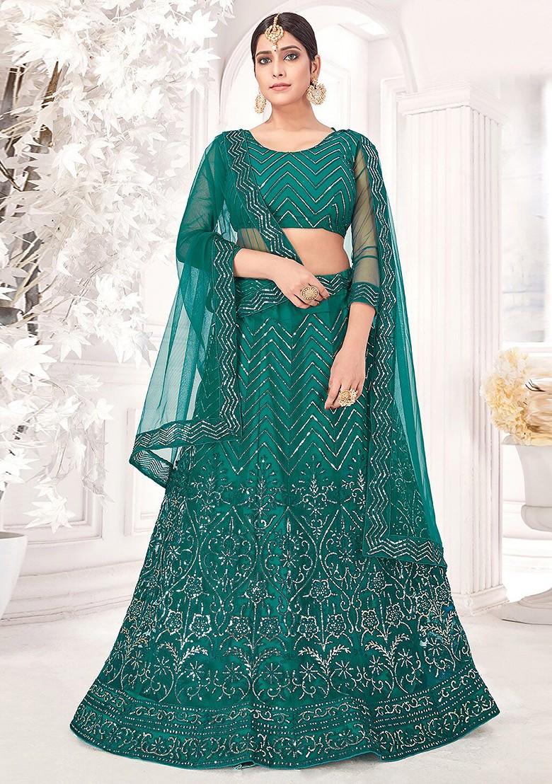 Green Embroidered Net Lehenga Set With Dupatta