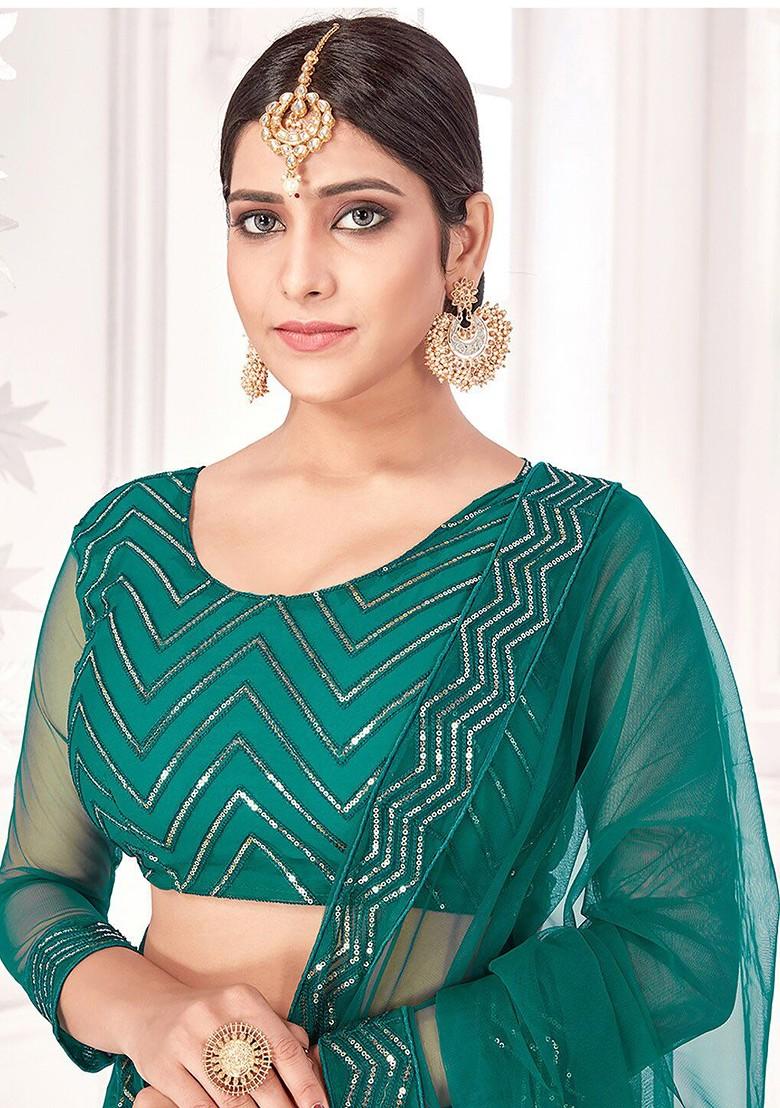 Green Embroidered Net Lehenga Set With Dupatta