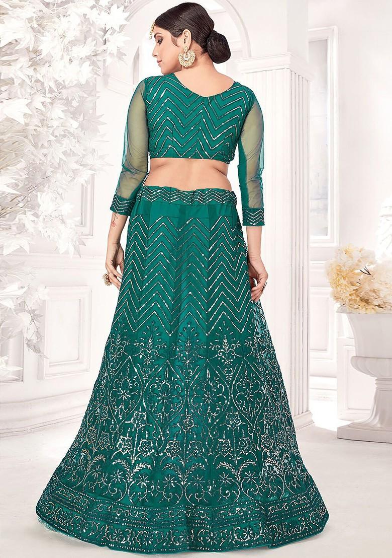 Green Embroidered Net Lehenga Set With Dupatta