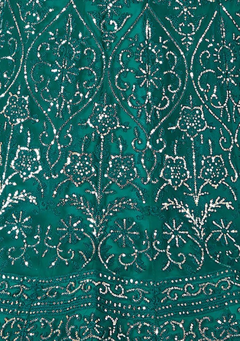 Green Embroidered Net Lehenga Set With Dupatta