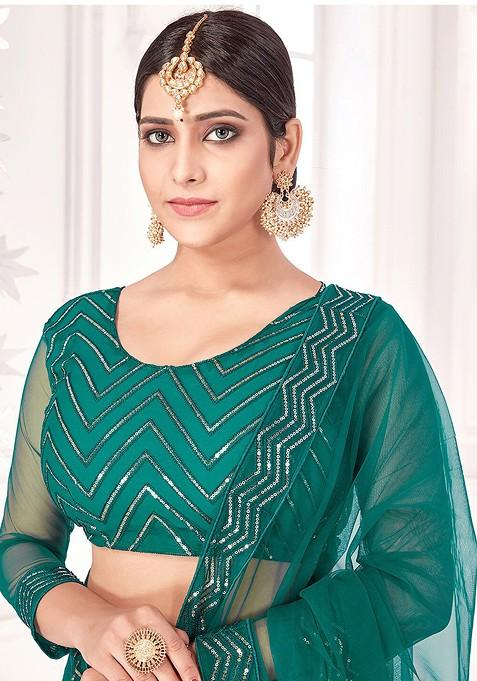 Green Embroidered Net Lehenga Set With Dupatta