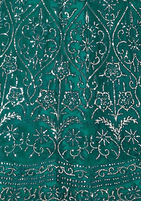 Green Embroidered Net Lehenga Set With Dupatta