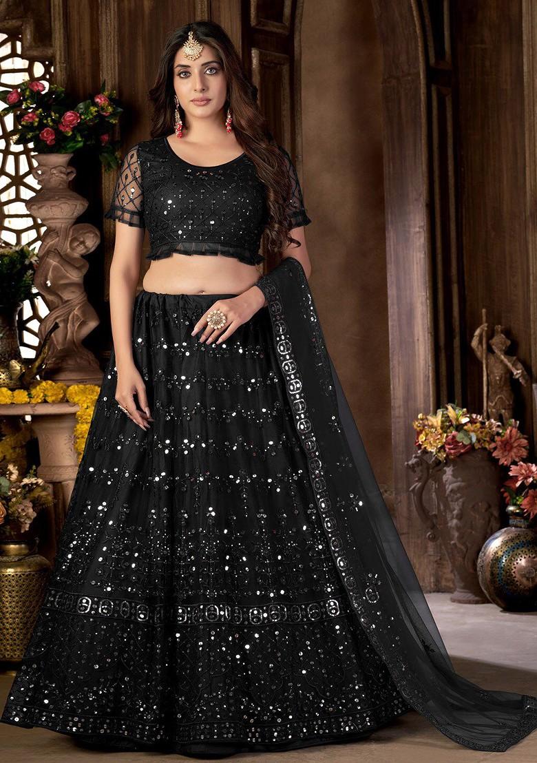 Black Sequin Embroidered Lehenga Set With Dupatta - Indya