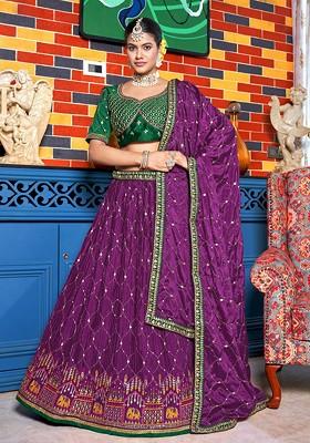 Magenta And Green Embroidered Lehenga Set With Dupatta