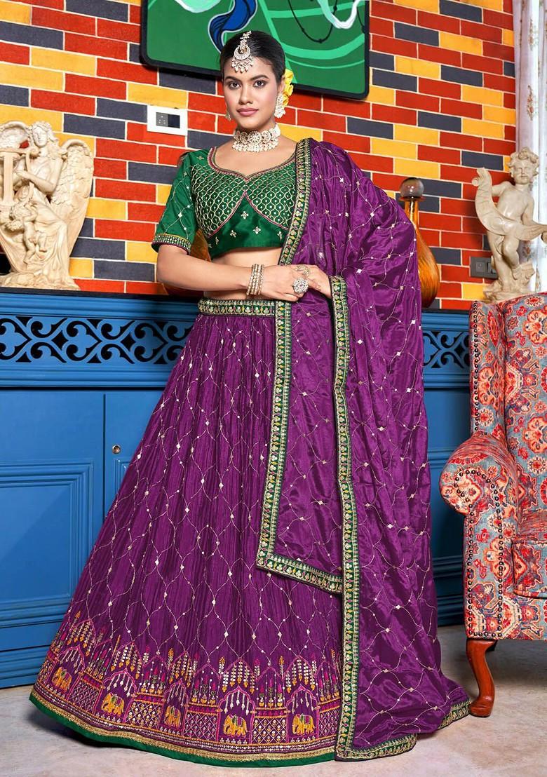 Magenta And Green Embroidered Lehenga Set With Dupatta