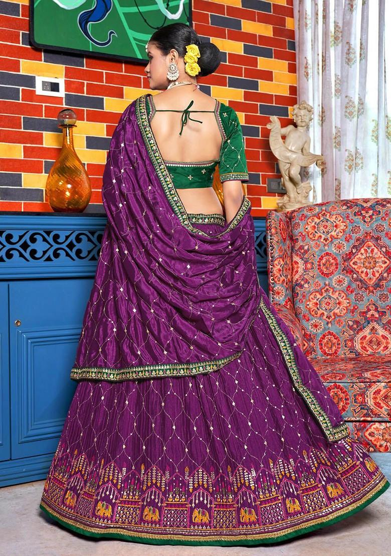 Magenta And Green Embroidered Lehenga Set With Dupatta