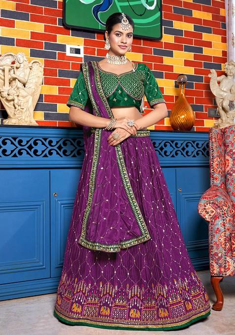 Magenta And Green Embroidered Lehenga Set With Dupatta