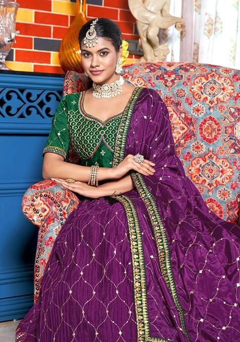 Magenta And Green Embroidered Lehenga Set With Dupatta