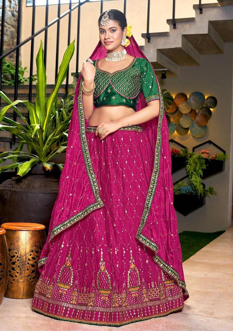 Pink And Green Sequin Embroidered Lehenga Set With Dupatta