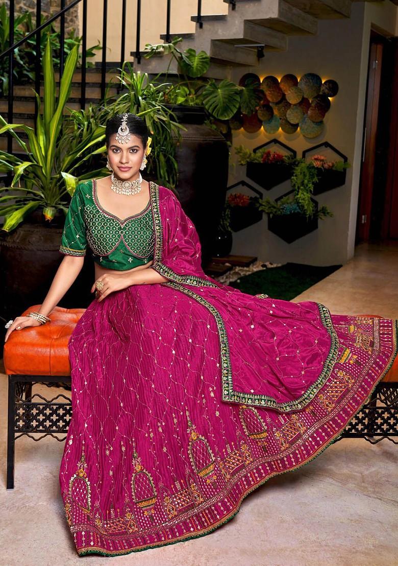 Pink And Green Sequin Embroidered Lehenga Set With Dupatta