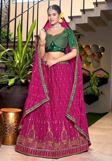 Pink And Green Sequin Embroidered Lehenga Set With Dupatta