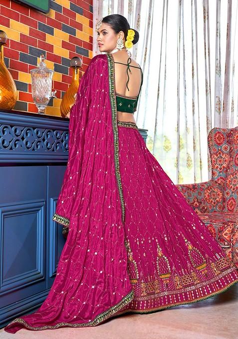 Pink And Green Sequin Embroidered Lehenga Set With Dupatta