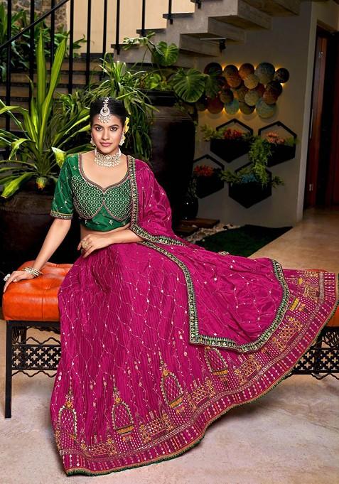 Pink And Green Sequin Embroidered Lehenga Set With Dupatta