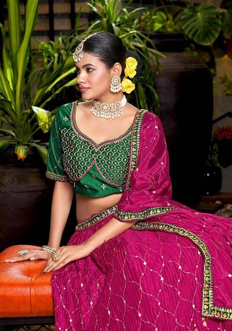 Pink And Green Sequin Embroidered Lehenga Set With Dupatta