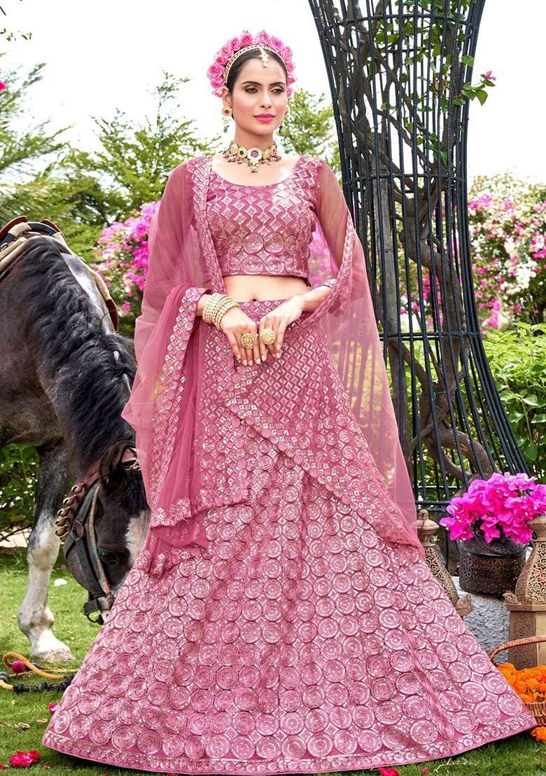 Pink Sequin Embroidered Lehenga Set With Dupatta - Indya