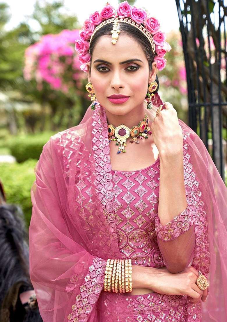 Pink Sequin Embroidered Lehenga Set With Dupatta - Indya