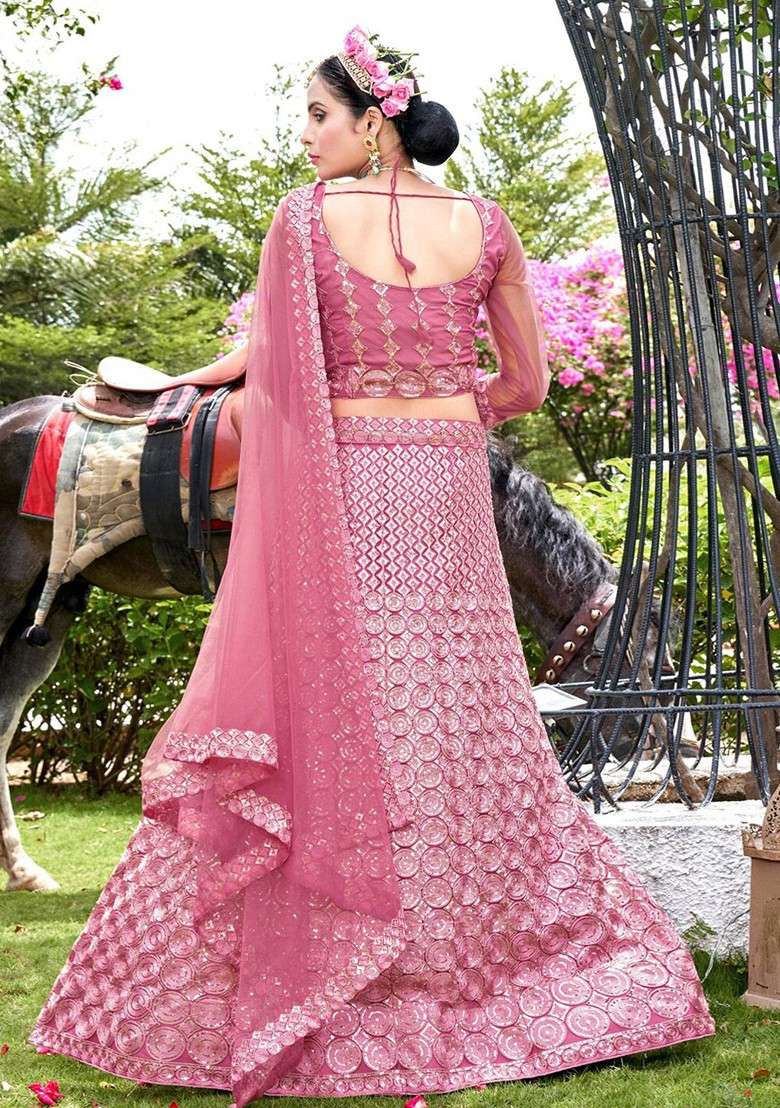Pink Sequin Embroidered Lehenga Set With Dupatta - Indya