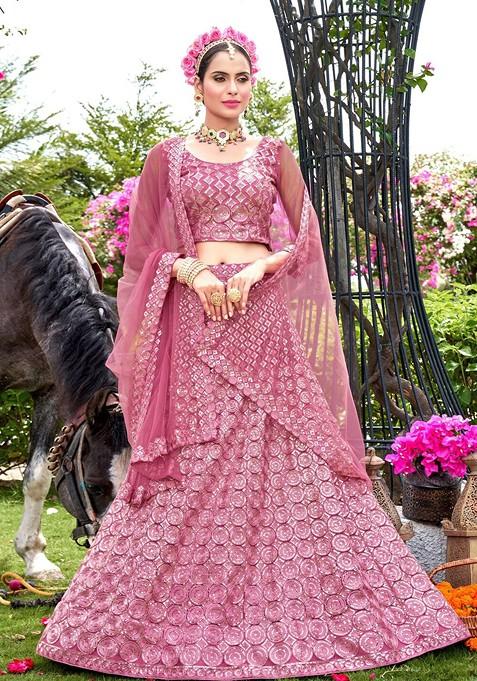 Pink Sequin Embroidered Lehenga Set With Dupatta