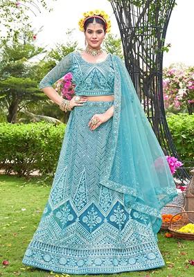 Blue Ethnic Motifs Sequin Embroidered Lehenga Set With Dupatta